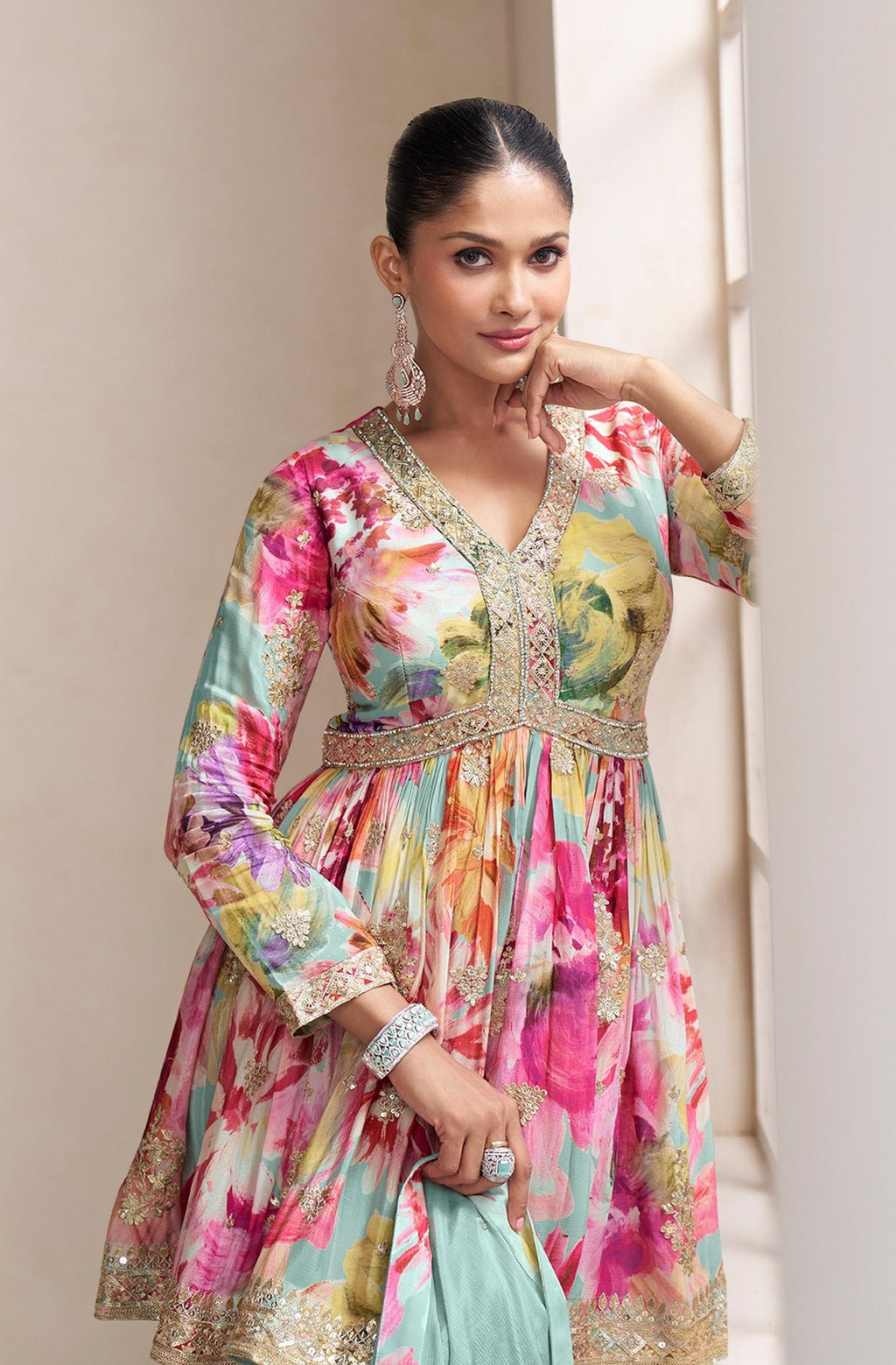 Anaita Sky Blue Chinon Stitched Plazzo Suit With Embroidery Work | Grocsy