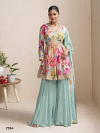 Anaita Sky Blue Chinon Stitched Plazzo Suit With Embroidery Work | Grocsy