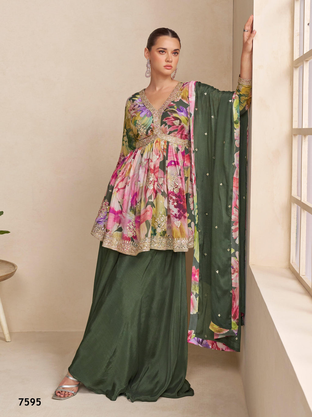 Anaita Dark Green Chinon Stitched Plazzo Suit With Embroidery Work | Grocsy