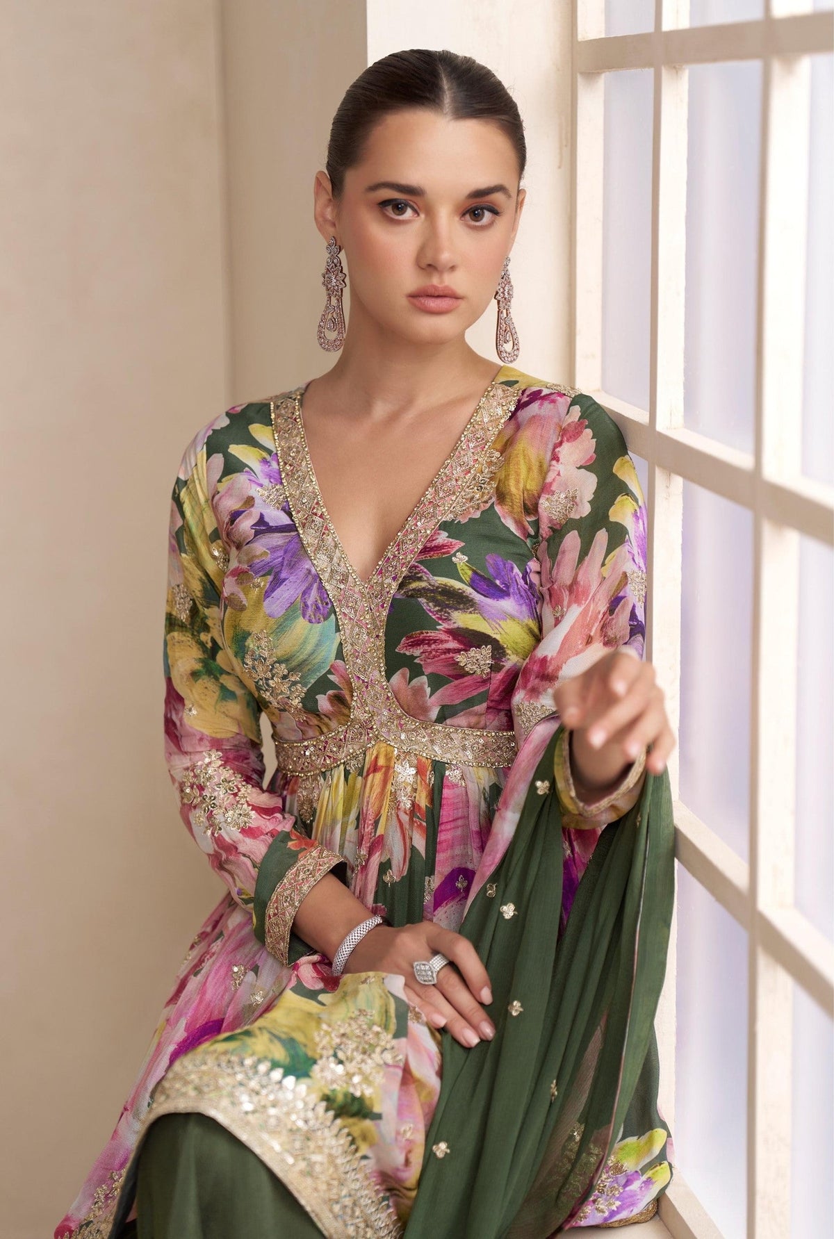 Anaita Dark Green Chinon Stitched Plazzo Suit With Embroidery Work | Grocsy