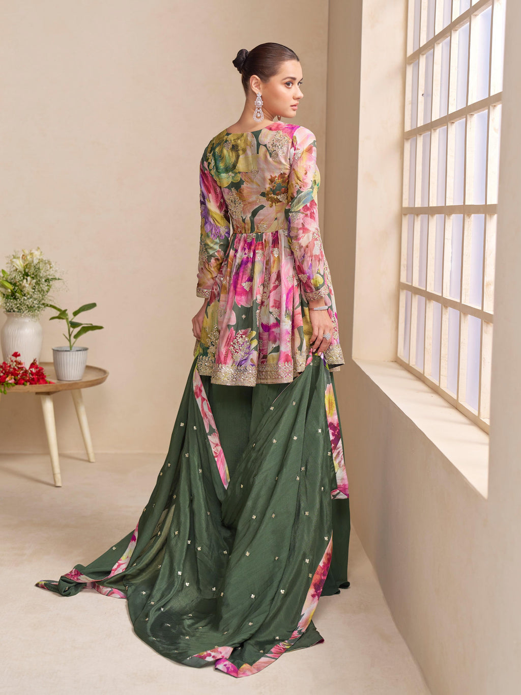 Anaita Dark Green Chinon Stitched Plazzo Suit With Embroidery Work | Grocsy