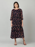 Souchii Women Navy Blue & Red Floral Chiffon A-Line Tiered Dress | Grocsy