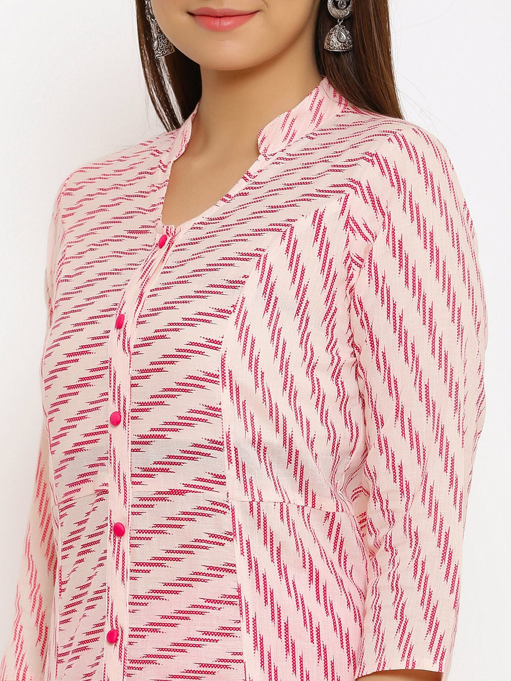 HERE&NOW Pink Mandarin Collar Striped A-Line Kurta | Grocsy