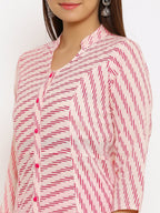 HERE&NOW Pink Mandarin Collar Striped A-Line Kurta | Grocsy