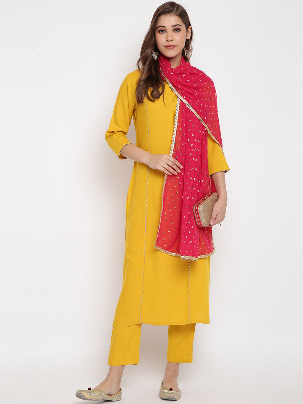 Janasya Women Mustard Yellow Solid Kurta with Trousers & Dupatta | Grocsy