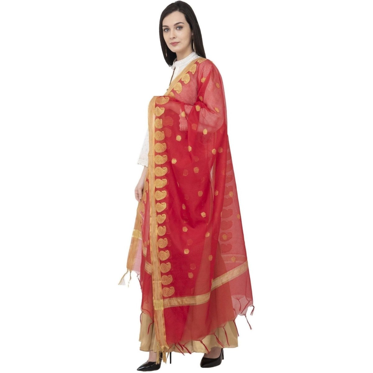 A R Silk VNS Ambi Border Fancy Dupatta Red Color Dupatta or Chunni | Grocsy