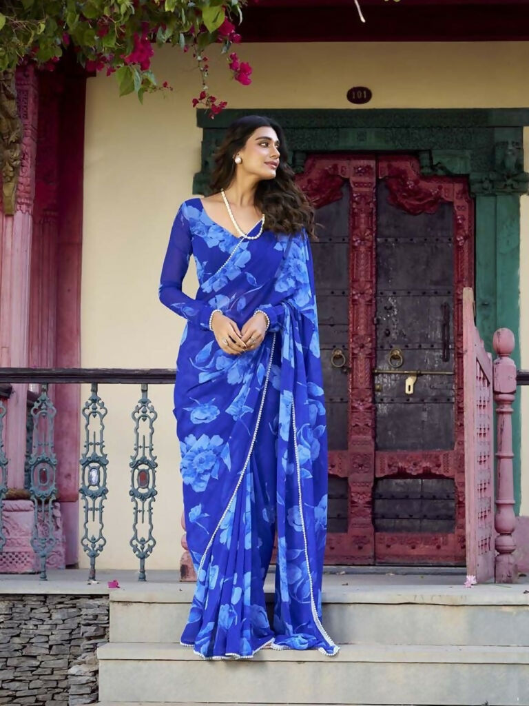 Vastranavya Blue Chiffon Floral Printed & Pearl Lace Border Saree with Unstitched Blouse | Grocsy