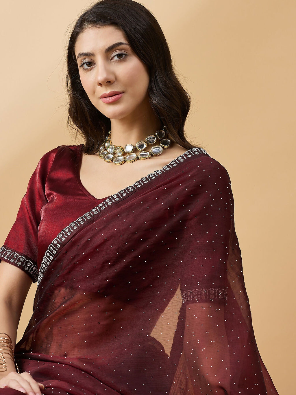 Brown Organza Swaroski Diamond Work Saree with Unstitched Blouse - Radha | Grocsy