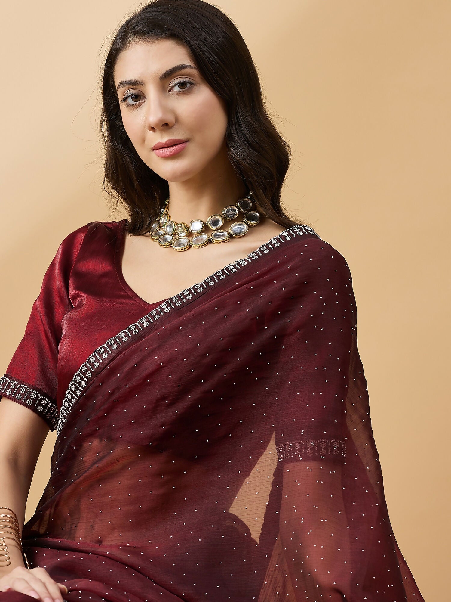Brown Organza Swaroski Diamond Work Saree with Unstitched Blouse - Radha | Grocsy