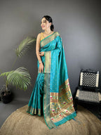 Joban Fashion Teal Butti Woven Soft Lichi Silk Paithani Saree | Grocsy