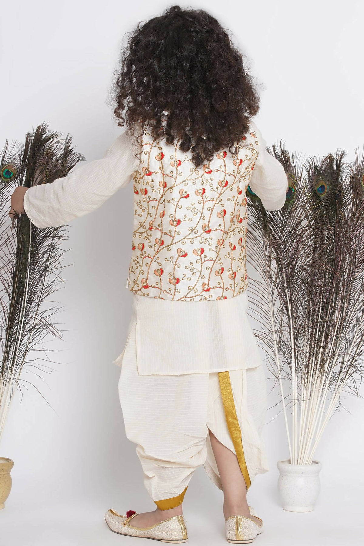 Little Bansi Banarsi Red Tulip Embroidery Jacket With Cotton Kantha kurta And Kantha Dhoti - Cream | Grocsy