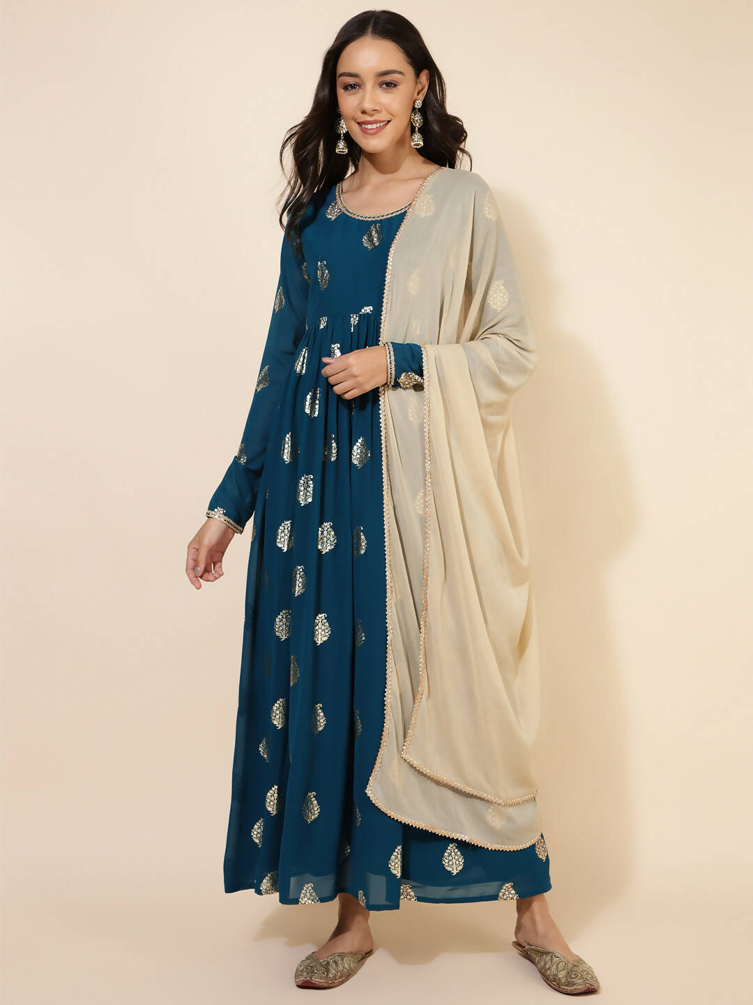 Janasya Women's Teal Blue Georgette Foil Printed Festive Flared Kurta Set | Grocsy