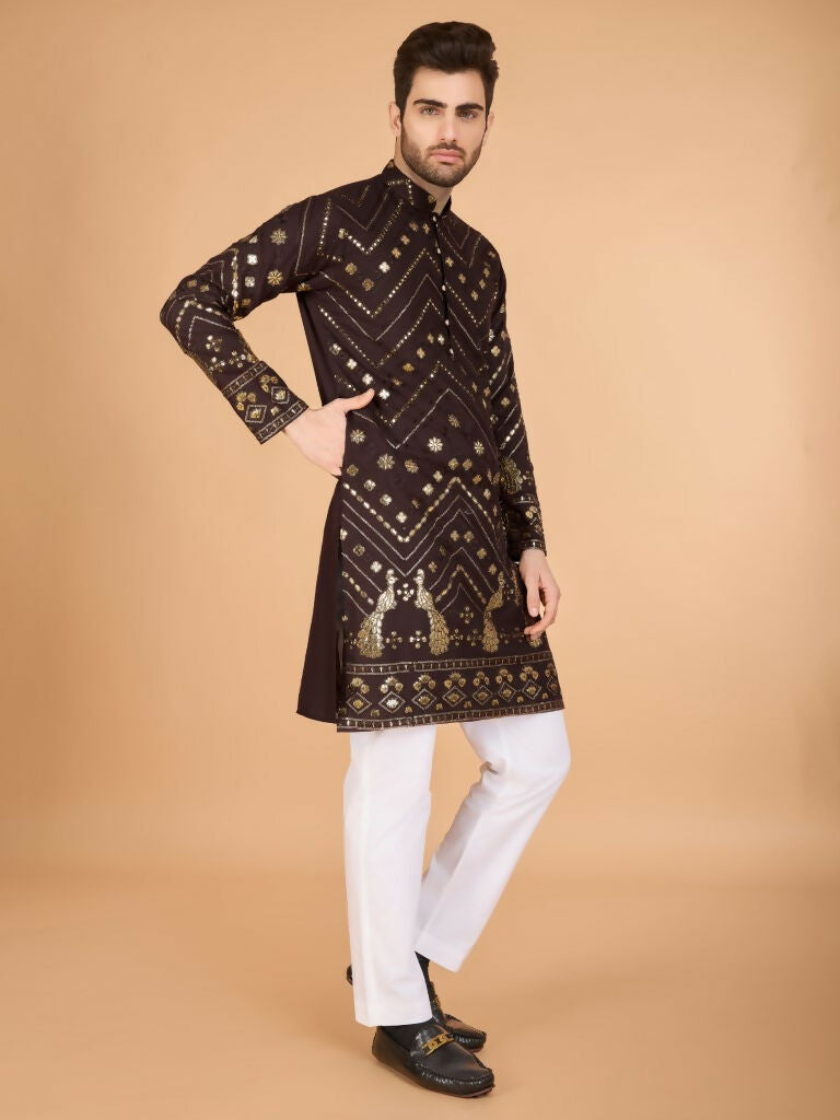 Vastranavya Brown Exclusive Festival Wear Pure Viscose Rayon Embroidered Sequence Work Kurta | Grocsy