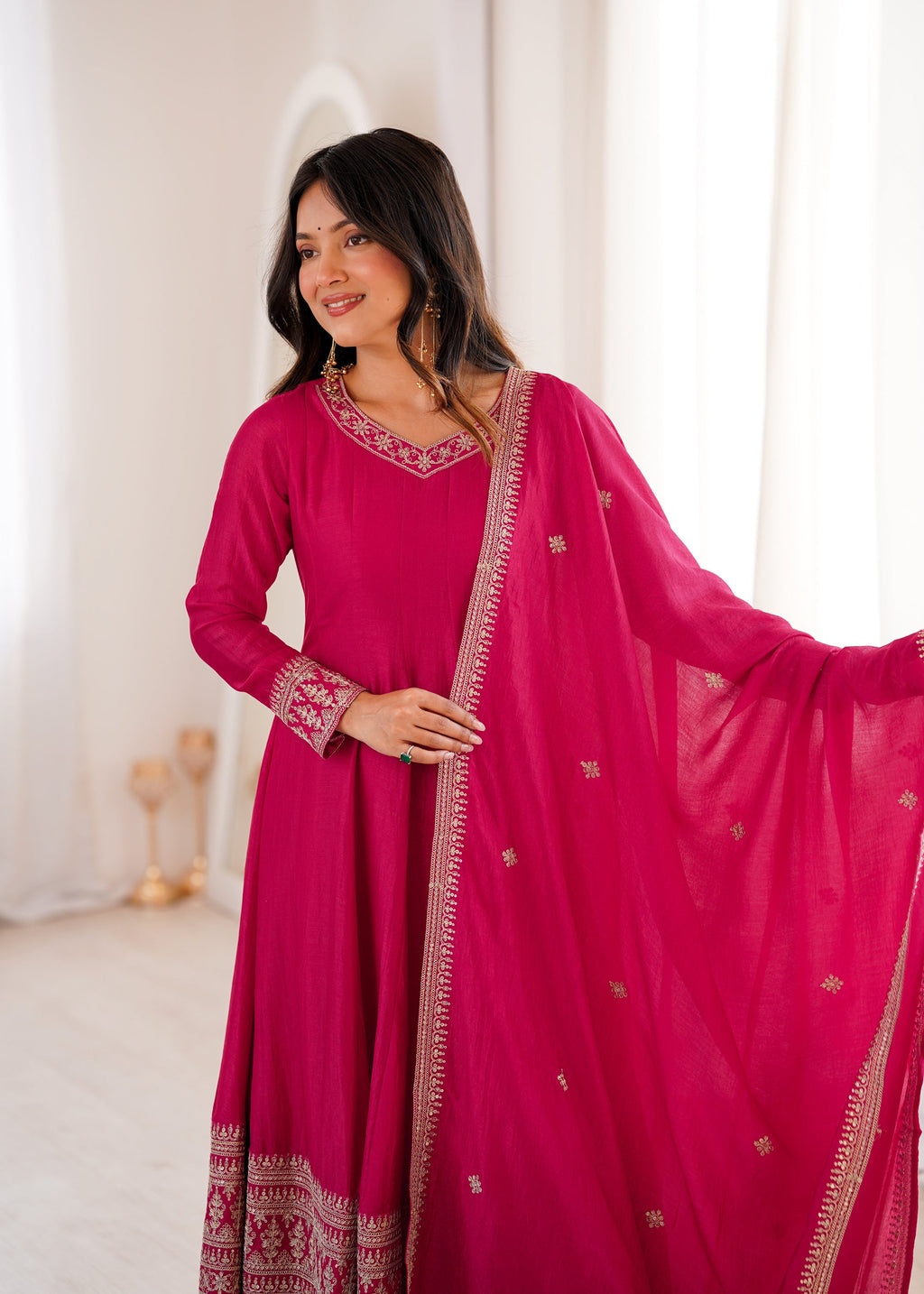 Lorenvalley Fashion Ranipink Vichitra Silk Embroidery Dori and Sequence work Anarkali Gown Pant with Dupatta | Grocsy