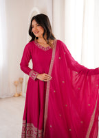 Lorenvalley Fashion Ranipink Vichitra Silk Embroidery Dori and Sequence work Anarkali Gown Pant with Dupatta | Grocsy