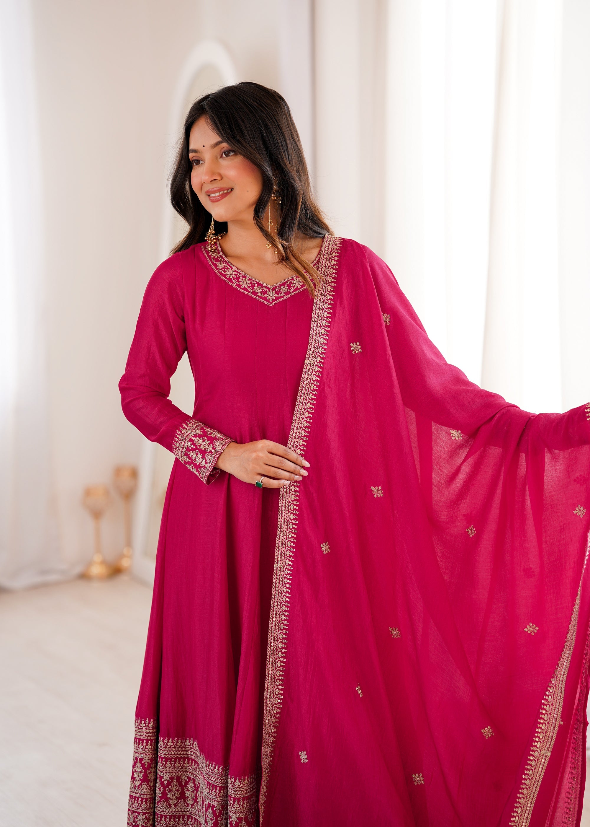 Lorenvalley Fashion Ranipink Vichitra Silk Embroidery Dori and Sequence work Anarkali Gown Pant with Dupatta | Grocsy