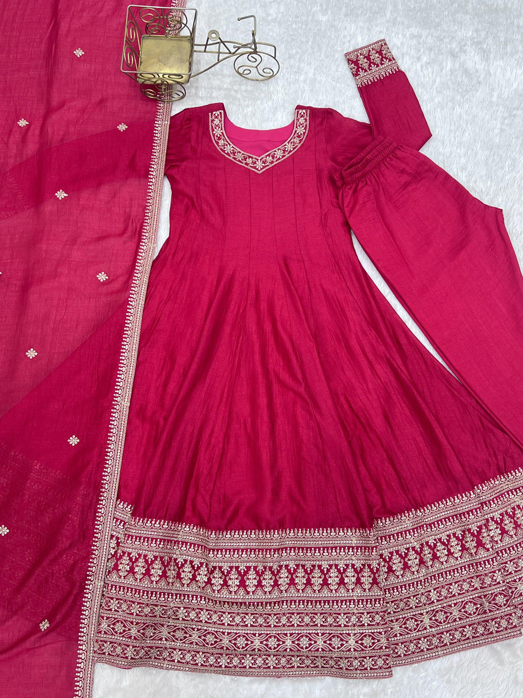 Lorenvalley Fashion Ranipink Vichitra Silk Embroidery Dori and Sequence work Anarkali Gown Pant with Dupatta | Grocsy