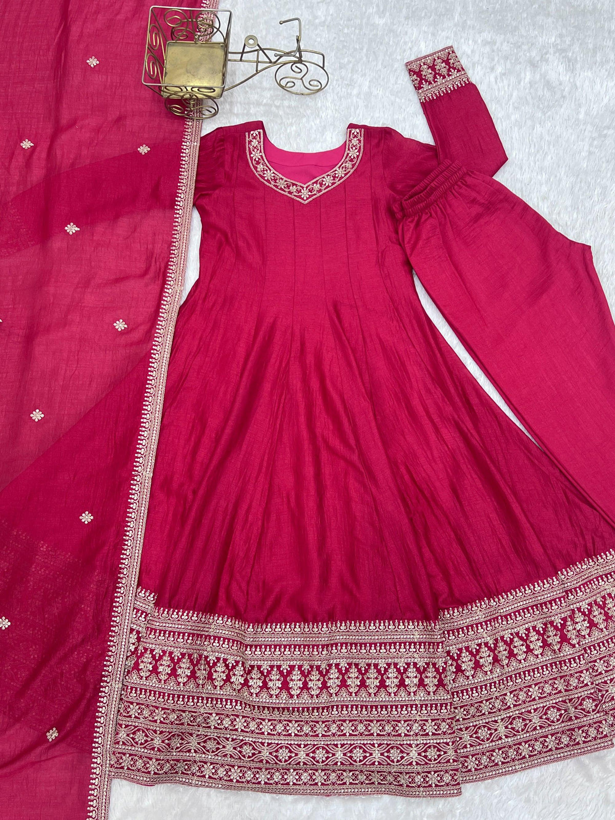 Lorenvalley Fashion Ranipink Vichitra Silk Embroidery Dori and Sequence work Anarkali Gown Pant with Dupatta | Grocsy