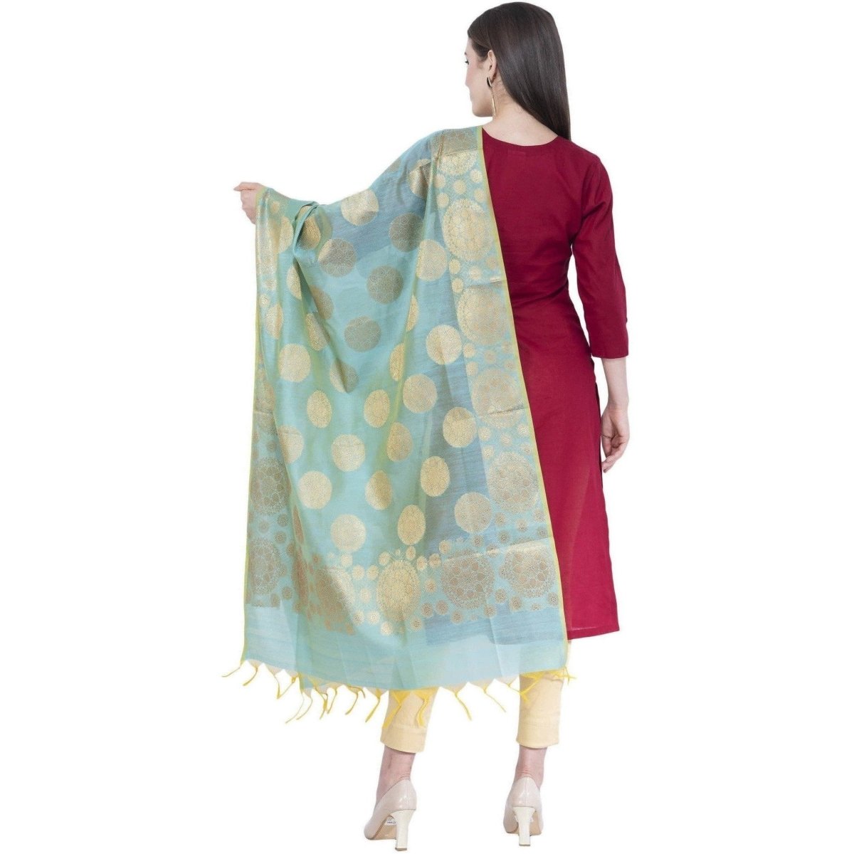 A R Silk Women's Zari Embroidery Chanderi Cotton Firozi Dupattas and Chunnis | Grocsy