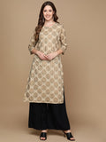 HERE&NOW Beige & Brown Ethnic Motifs Embroidered Pure Cotton Straight Kurta | Grocsy