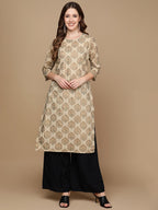 HERE&NOW Beige & Brown Ethnic Motifs Embroidered Pure Cotton Straight Kurta | Grocsy
