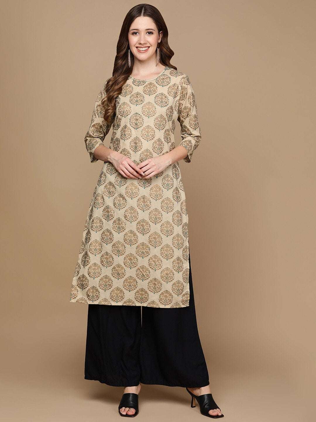 HERE&NOW Beige & Brown Ethnic Motifs Embroidered Pure Cotton Straight Kurta | Grocsy