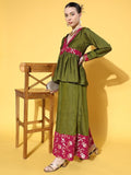 InWeave Women's Olive Pink Brocade Mughal Shaan Kurta Palazzo Set | Grocsy