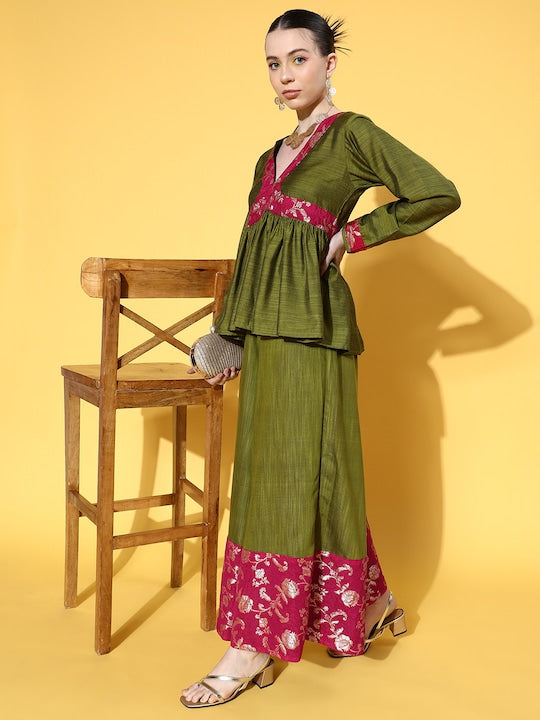 InWeave Women's Olive Pink Brocade Mughal Shaan Kurta Palazzo Set | Grocsy