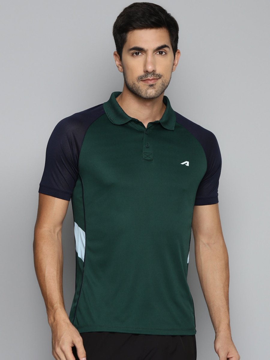 Alcis Men Green & Navy Blue Colourblocked Polo Collar Slim Fit Running T-shirt | Grocsy