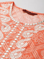 Sangria Orange & White Bandhani Printed Pure Cotton Kurta With Trouser & Dupatta | Grocsy