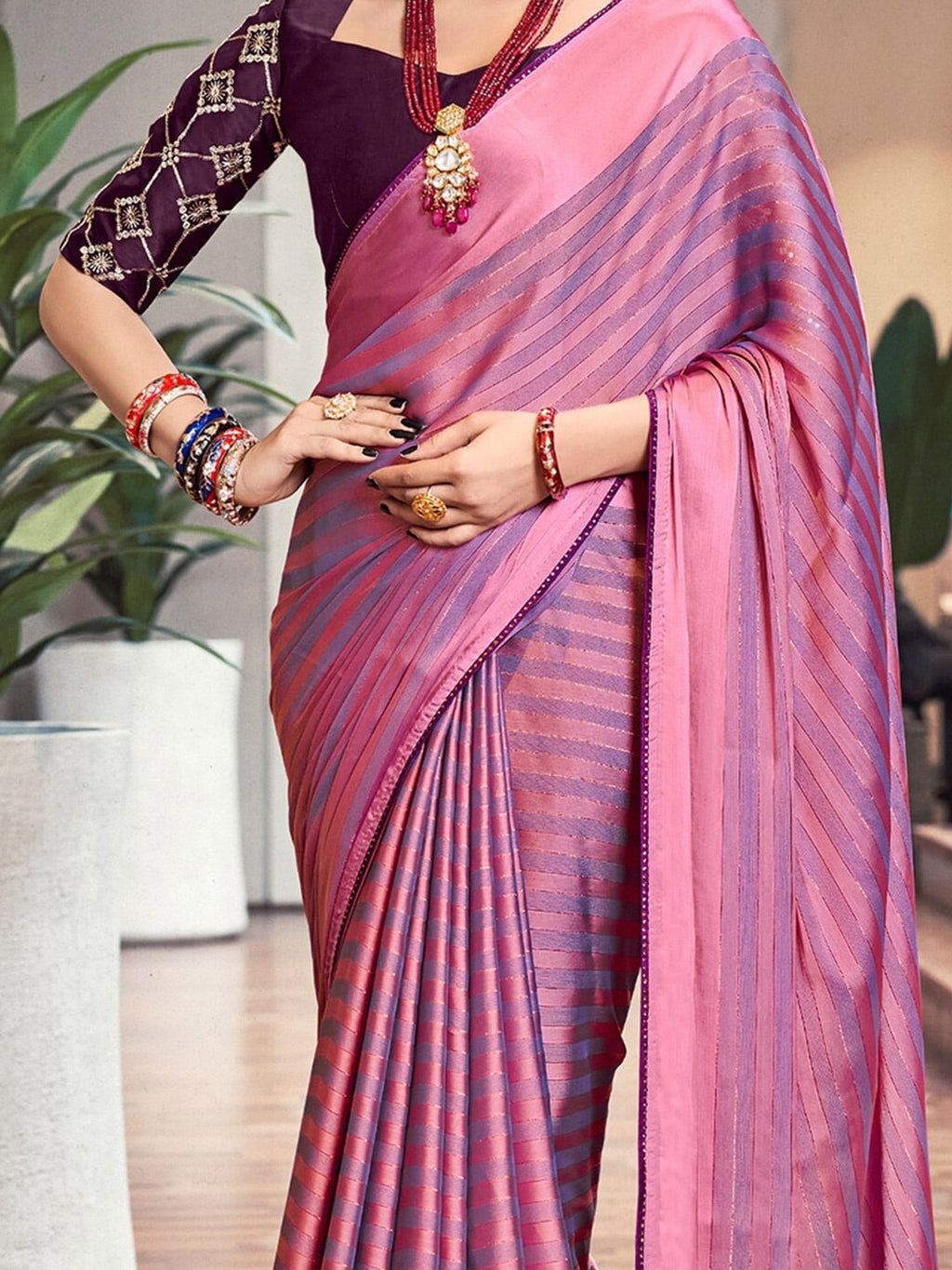 Saree Mall Magenta & Purple Striped Zari Saree | Grocsy