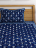 Rajasthan Decor Navy Blue Block Print 144 TC Cotton 1 Single Bedsheet with 2 Pillow Covers | Grocsy