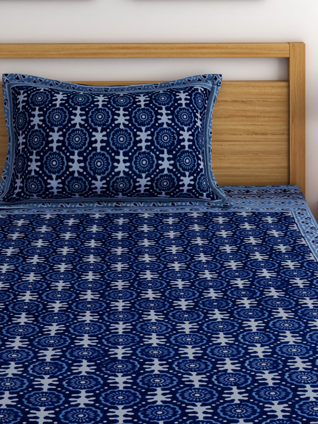 Rajasthan Decor Navy Blue Block Print 144 TC Cotton 1 Single Bedsheet with 2 Pillow Covers | Grocsy