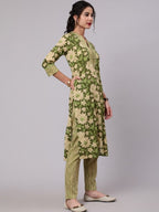 Aks Floral Printed Mandarin Collar Pure Cotton Kurta with Trousers | Grocsy