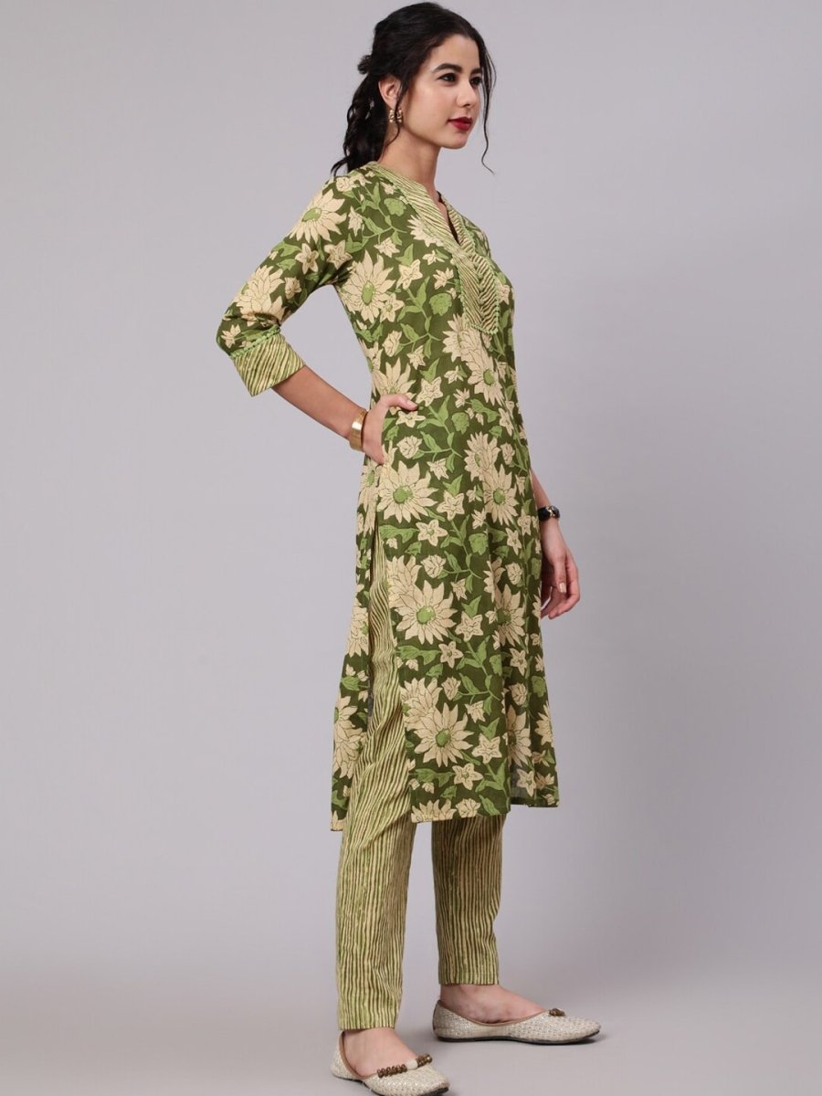 Aks Floral Printed Mandarin Collar Pure Cotton Kurta with Trousers | Grocsy