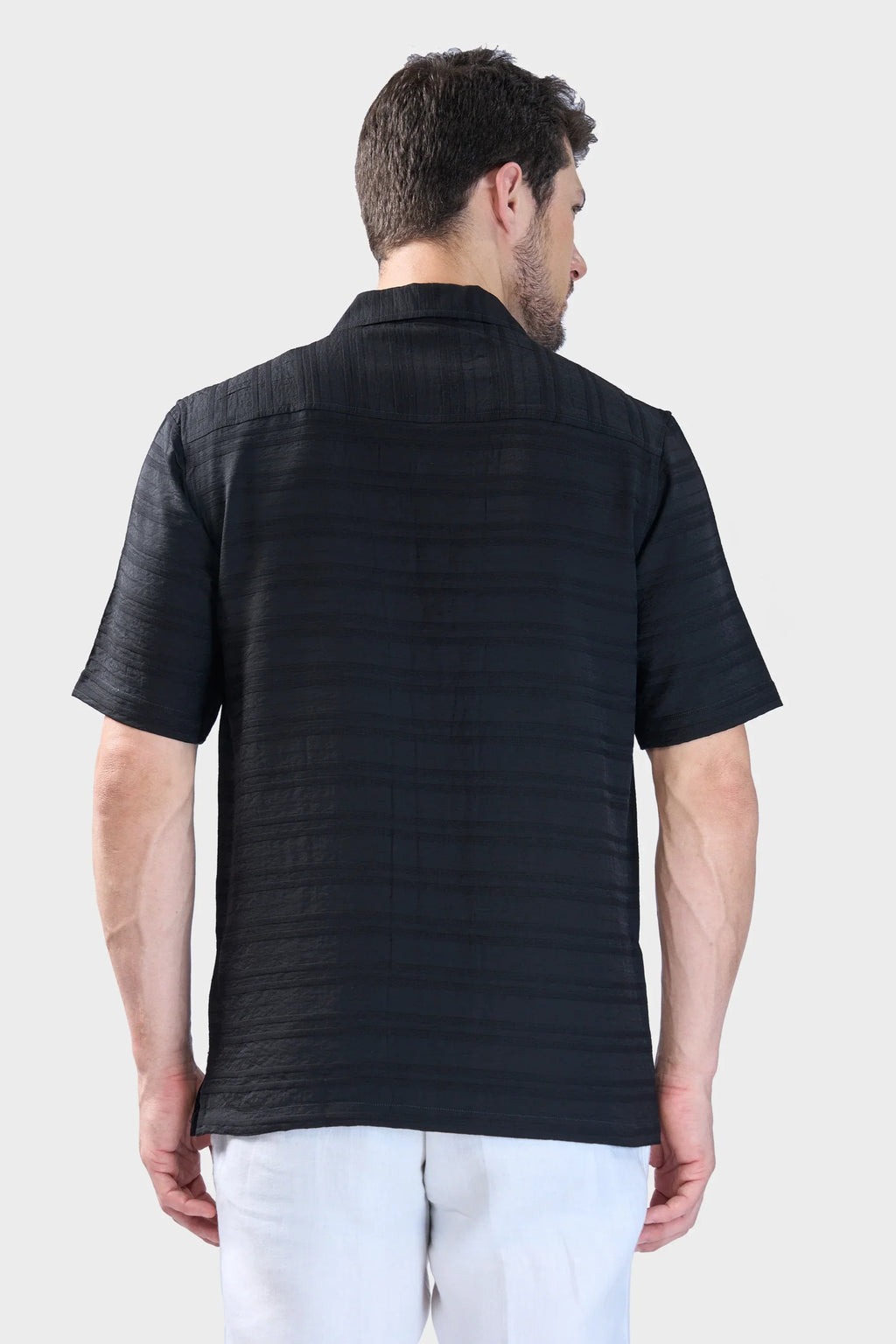 Xkind Black Horizontal Pleated Stripes Relaxed Fit Shirt | Grocsy