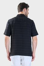 Xkind Black Horizontal Pleated Stripes Relaxed Fit Shirt | Grocsy