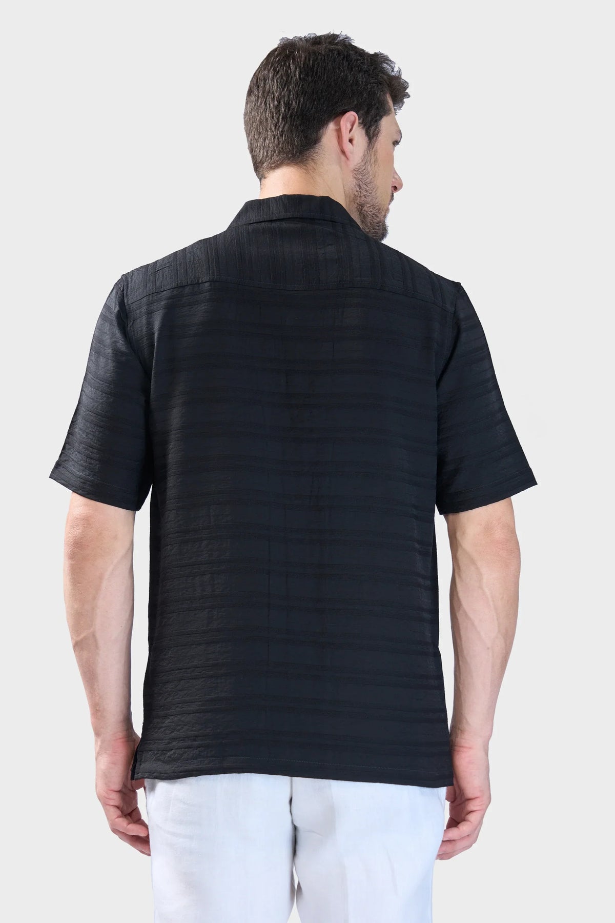 Xkind Black Horizontal Pleated Stripes Relaxed Fit Shirt | Grocsy