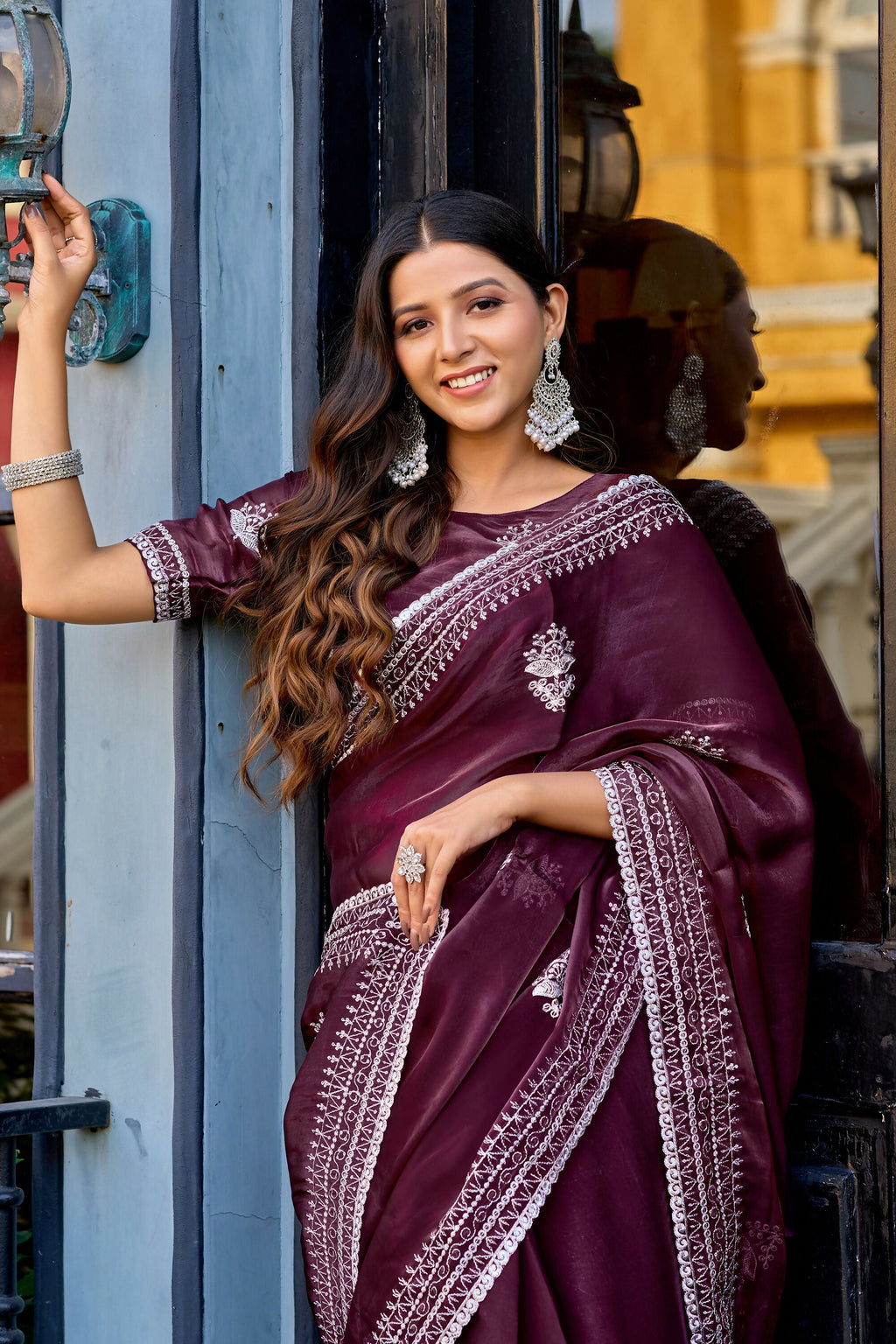 Vastranavya Wine Embroidery Work Shimmer Chiffon Saree with Unstitched Blouse | Grocsy