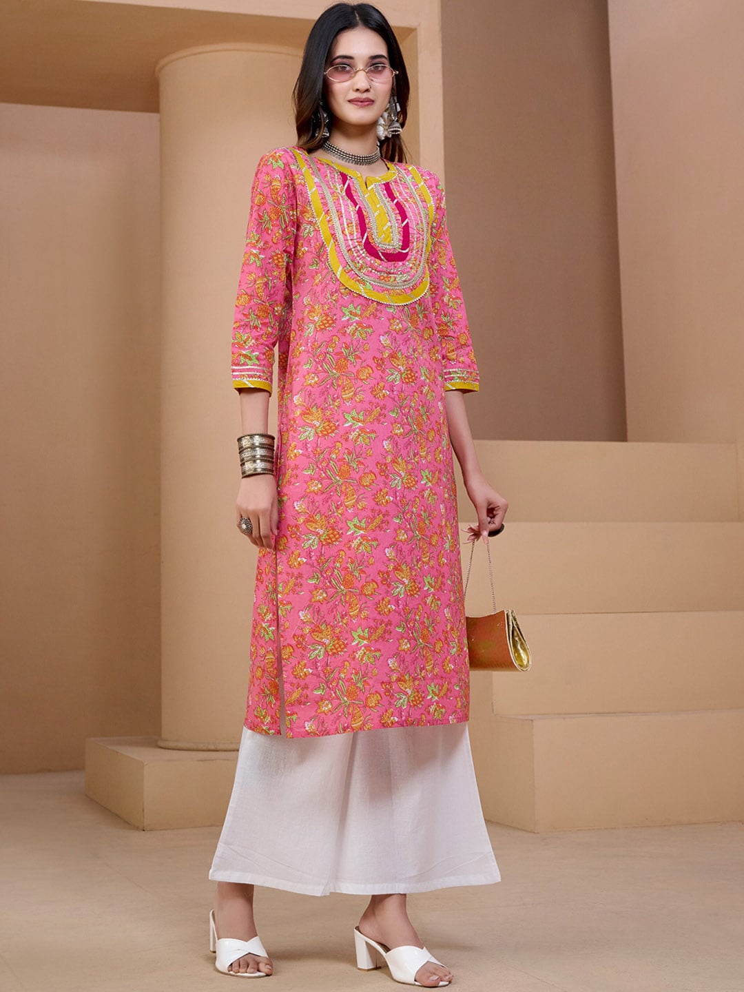 Sangria Floral Printed With Gota Patti Work Pure Cotton Straight Kurta | Grocsy