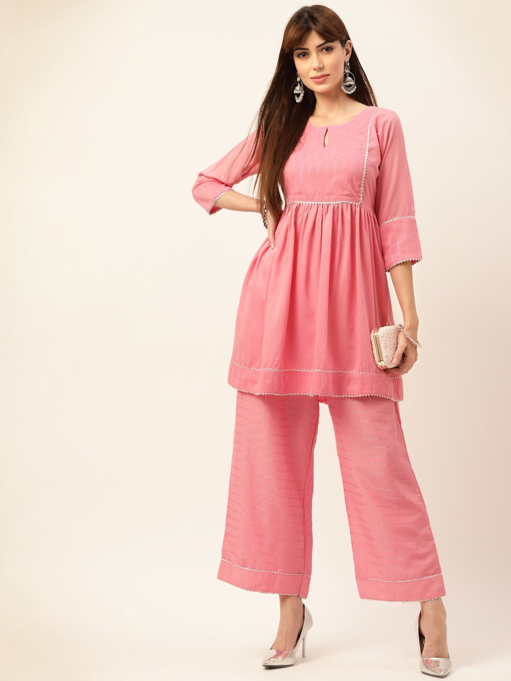 Sangria Peach-Coloured Zari Gotta Patti Pleated A-Line Pure Cotton Kurti With Palazzo | Grocsy