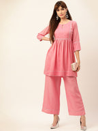 Sangria Peach-Coloured Zari Gotta Patti Pleated A-Line Pure Cotton Kurti With Palazzo | Grocsy