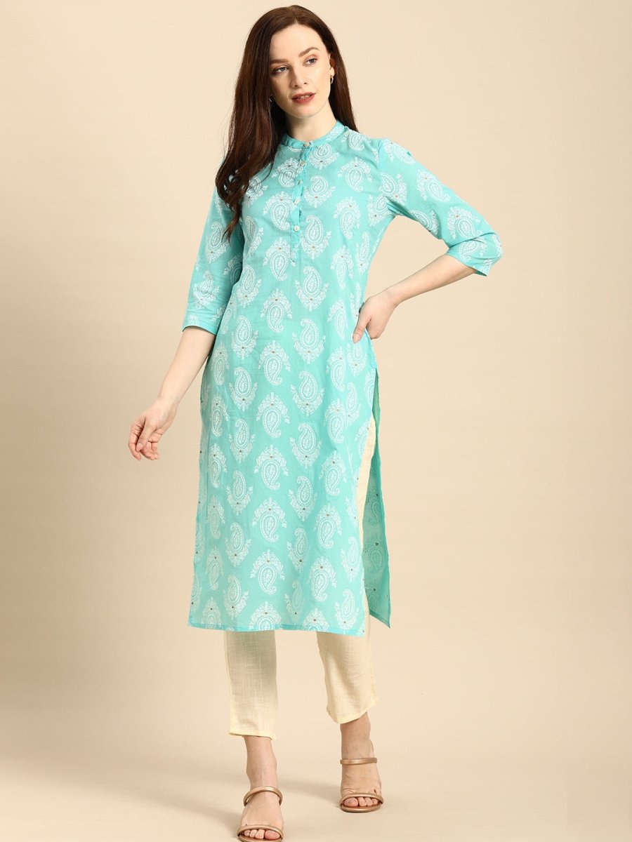 All About You Women Turquoise Blue & White Printed Pure Cotton Straight Kurta | Grocsy