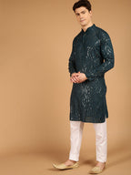 Sojanya Ethnic Motif Embroidered Band Collar Sequinned Pure Cotton Kurta | Grocsy