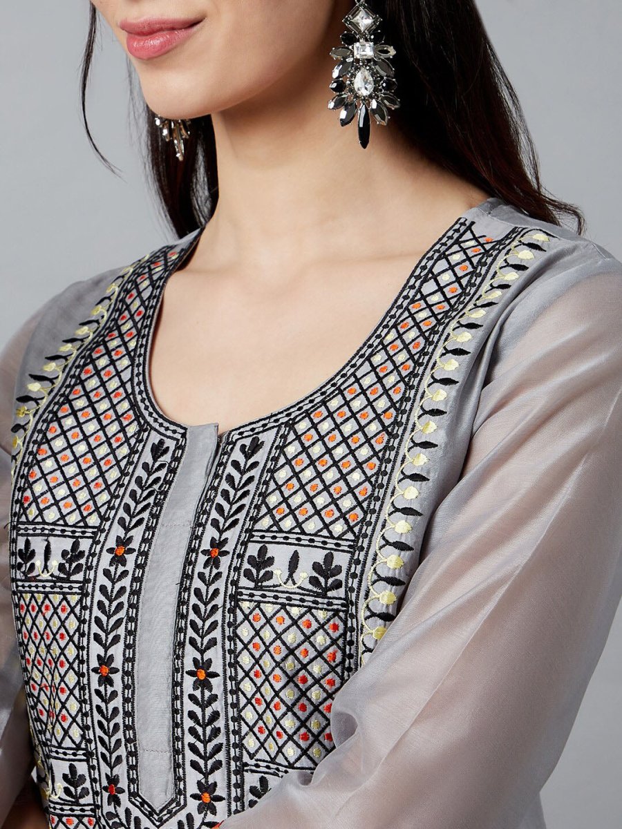 Aks Ethnic Motifs Yoke Design Thread Work Chanderi Silk Kurta | Grocsy
