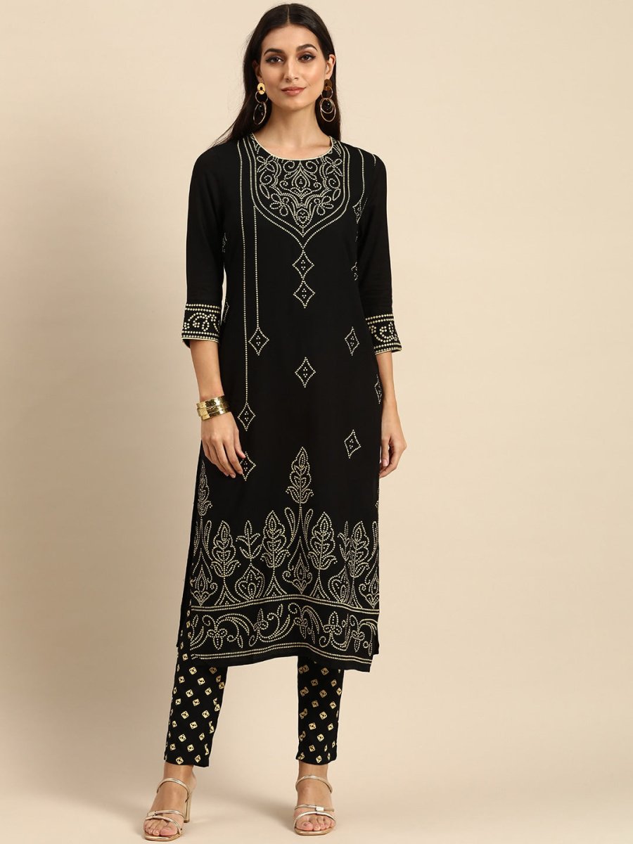 All About You Women Black Bandhani Printed Kurta with Trousers | Grocsy