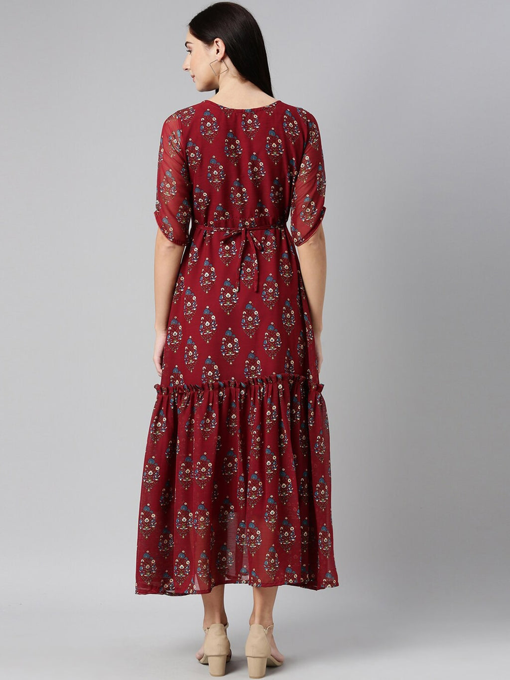 Souchii Maroon & Blue Ethnic Motifs Chiffon Maxi Dress | Grocsy