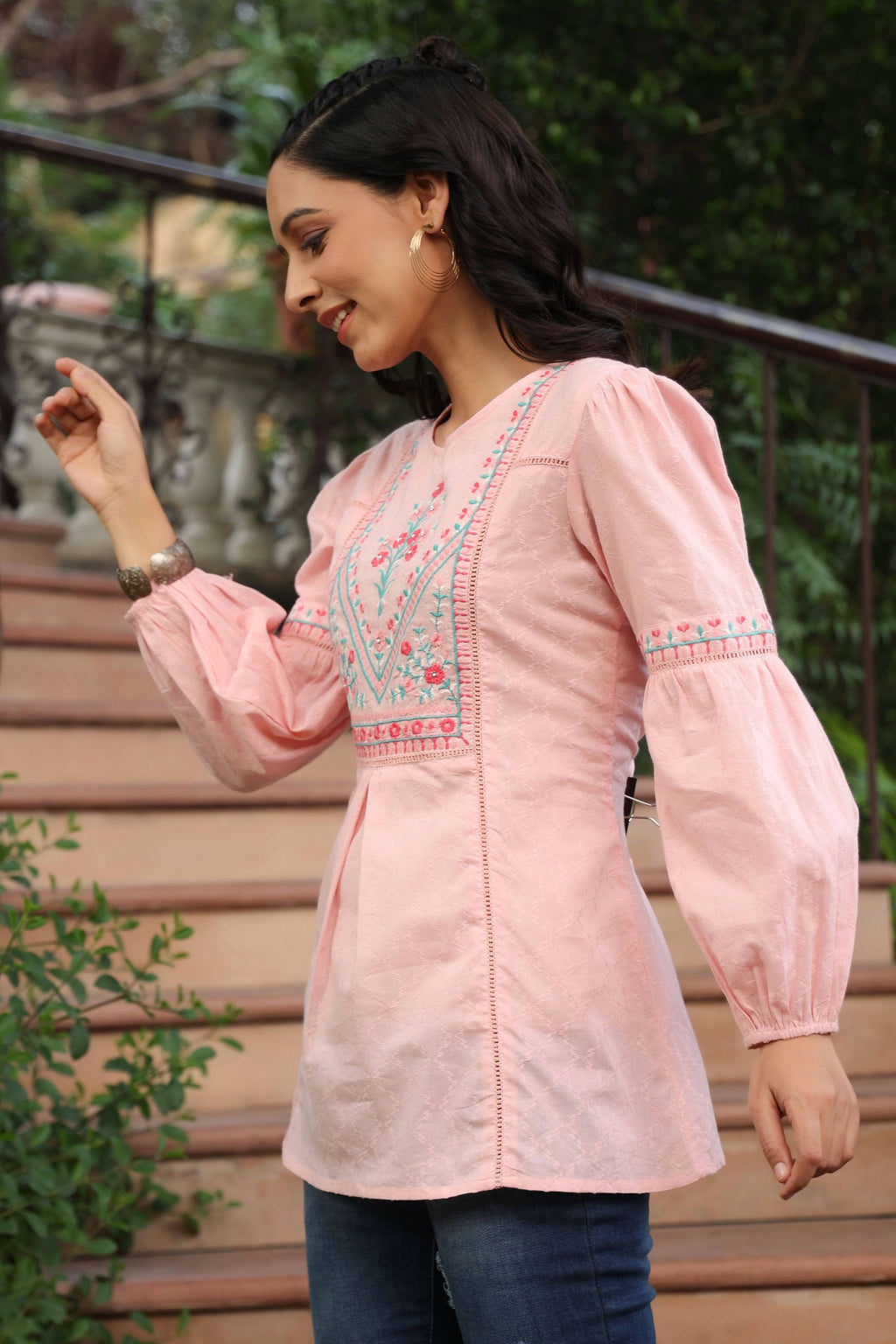 Juniper Women's Peach Cotton Dobby Solid Embroidered Straight Tunic | Grocsy