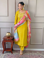 PartywearDesigner Viscose Yellow Stitched Suit With Dupatta - Tanisha | Grocsy