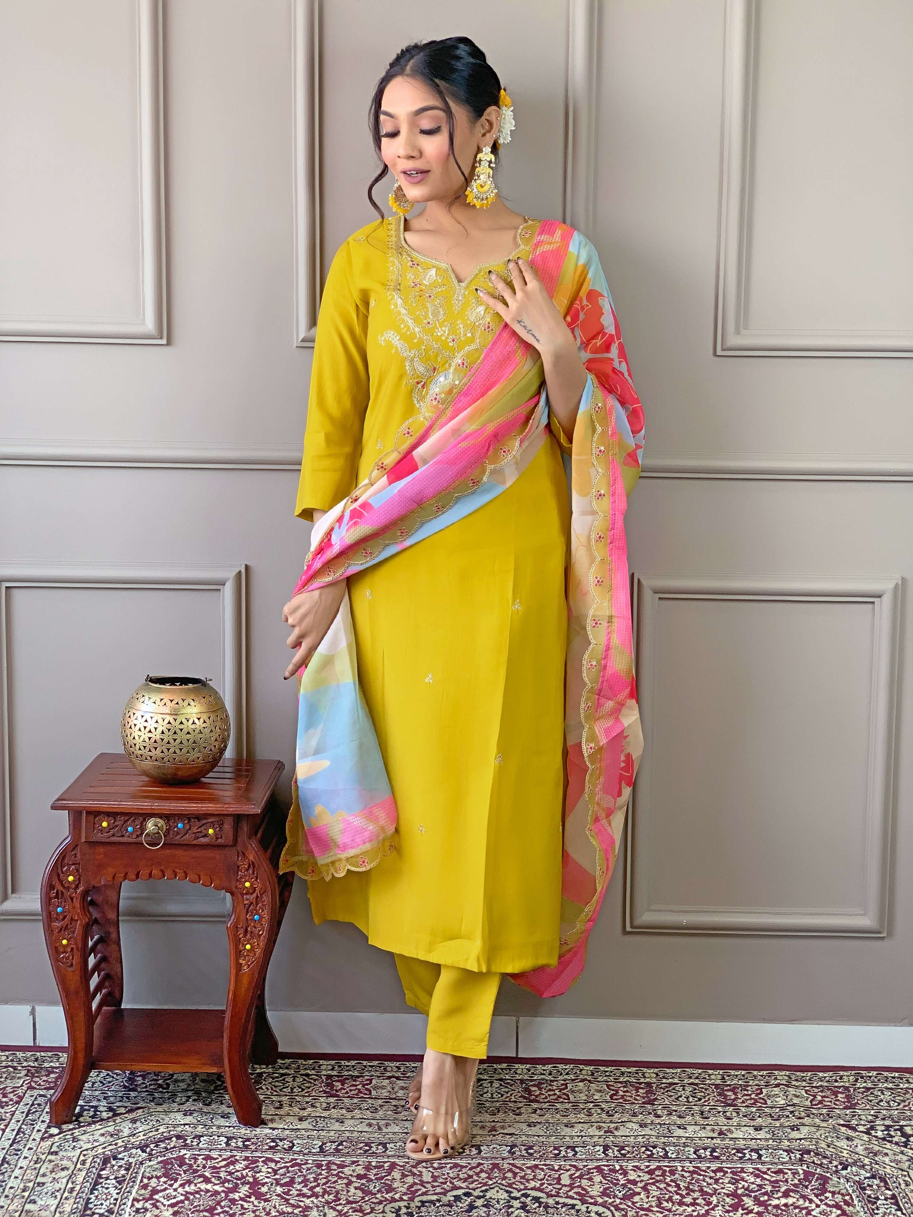 PartywearDesigner Viscose Yellow Stitched Suit With Dupatta - Tanisha | Grocsy